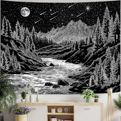 Zussun Black and White Forest Mountain Tapestry for Bedroom Aesthetic Dark Nature Pine Trees Stream Tapestries Wall Hanging Moon and Stars Wall Tapestry for Living Room Dorm 90 × 68 Inch - color: Black Stream, size: 90"L x 68"W