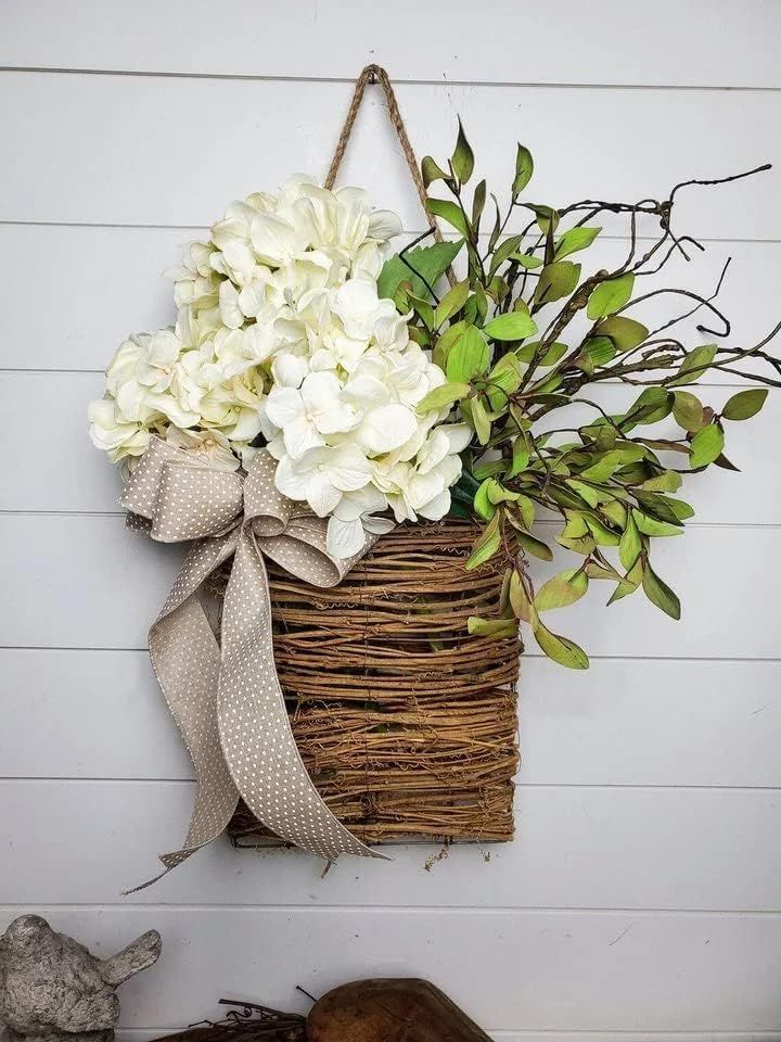 Cream Hydrangea Door Hanger Basket Wreath - Farmhouse Spring Wreath with Wildflowers, Mother's Day Decor, Artificial Rattan Hanging Basket for Porch, Wall, Home Decor - color: White