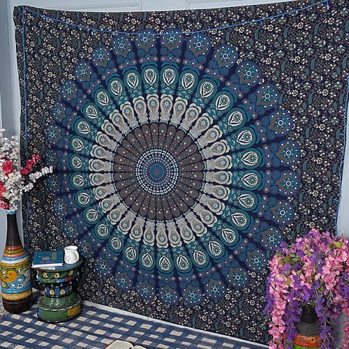 FURNISHFUL FINESSE Handmade Cotton Peacock Mandala Tapestry - Navy Blue & Green Ombre Boho Wall Decor, Bohemian Hippie Room Hanging for Bedroom & Living Room - 60x50 Inches - color: Navy Blue, size: 60"L x 50"W