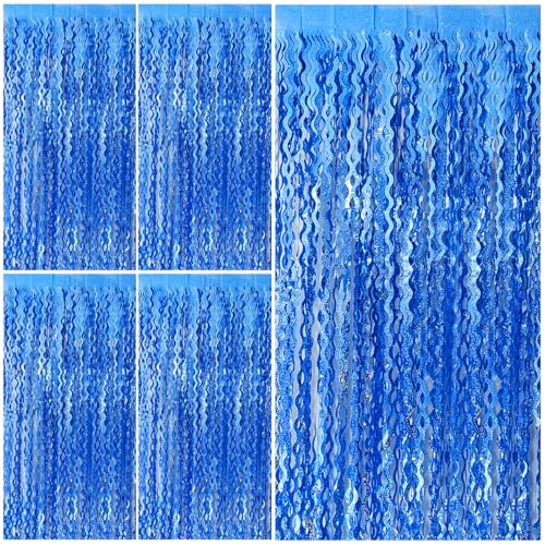 Blue Tinsel Foil Fringe Curtains Wavy Backdrop for Parties Sparkle Metallic Wavy Foil Fringe Backdrop Curtain for Party Decorations Photo Booth Props Birthday Graduation Wedding - color: Dark Blue, size: 5 Pack