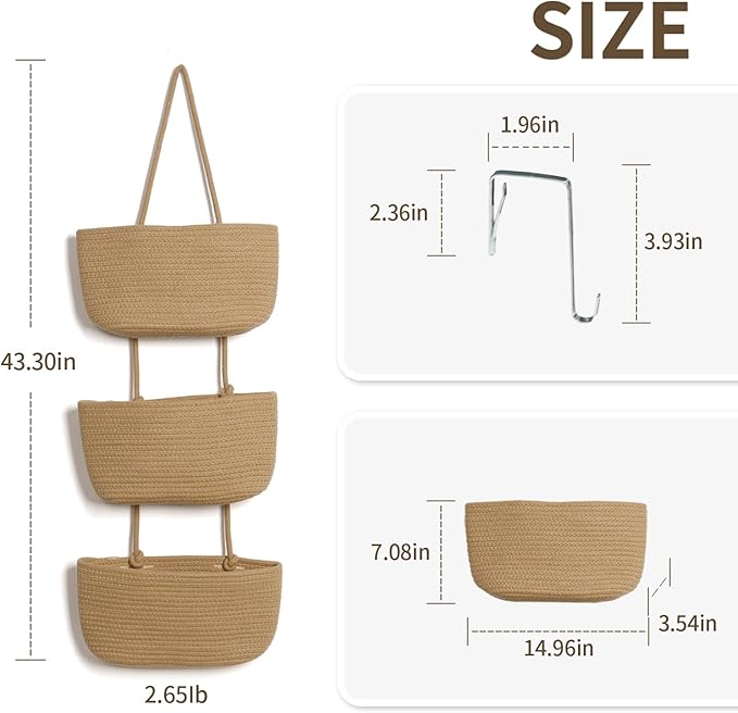 ANTIS'S HOME Over The Door Organizer Hanging Basket, 3-Tier Woven Cotton Wall-Mounted Nursery Storage Organizer Bag Boho Decorative Hanging Nursery Baskets for Living Room Bedroom - Honey