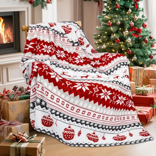 MACEVIA Christmas Throw Blanket for Couch, Holiday Christmas Reindeer Snowflakes Flannel Fleece Blanket, Soft, Cozy, Plush, Warm Winter Cabin Throw Decor, (Red Reindeer, 50x60inches) - color: Red Reindeer, size: Flannel Fleece (50x60 IN)