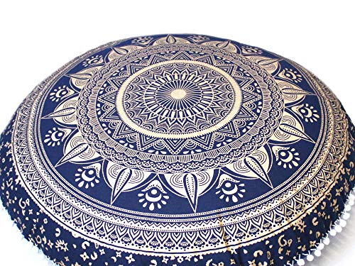 CRAFT KALA 32 Inch Meditation Floor Pillow Cover Round Pillow Seating Hippie Decorative Adults Bohemian Mandala Cushion Cover Outdoor Living Room Throw Ottoman Poufs Cover (Blue Gold Trishul) - color: Blue Gold Trishul