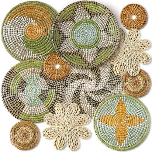 Tatuo 11 Pcs Boho Wall Basket Decor Bulrush Woven Wall Hanging Art Round Farmhouse Rustic Handmade Wicker for Summer Home, Bedroom, Living Room, Kitchen Decorations, Multi Sizes(Stylish) - style: Stylish