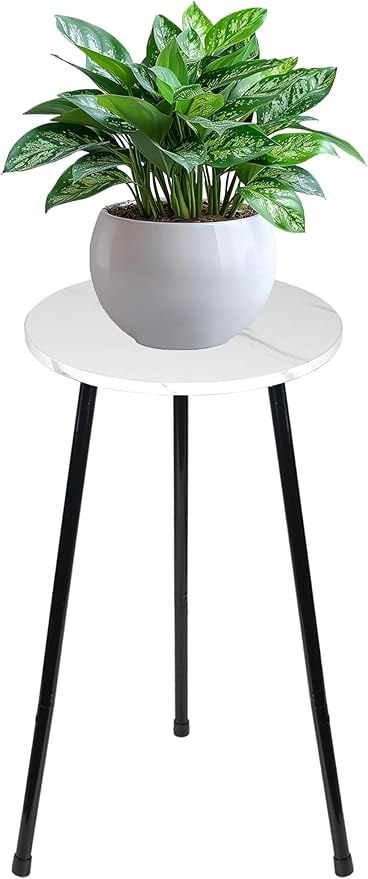ARTORA Indoor Plant Stand, Mid Century Wood Plant Stool Adjustable White Corner Tall Plant Sand Marble Texture Small Round End Table 18 Inch Plant Holder for Flower Pots Modern Home Decor (18.11' x 9.25")