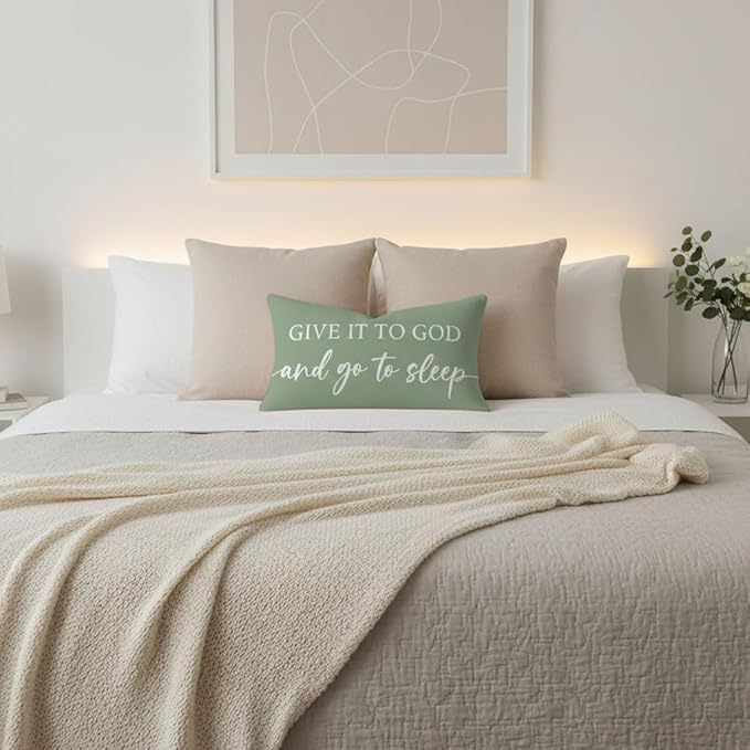 Decorative Throw Pillow Covers 12x20 Inch Set of 2 – Deep Sage Christian Lumbar Pillowcase – Give It to God and Go to Sleep/Relax God’s Got This – Spring Summer Faith Bedroom Bed Decor