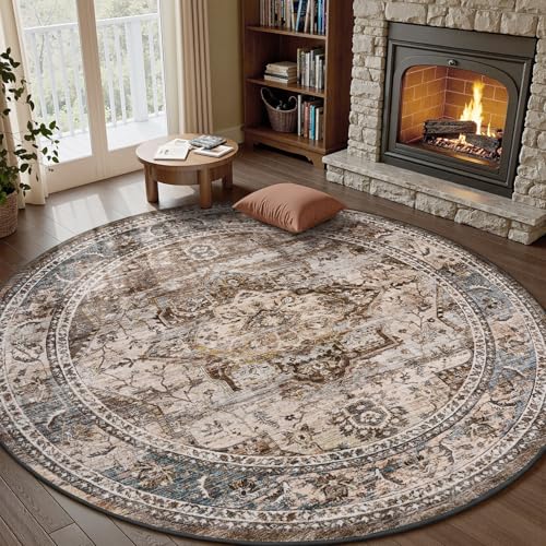Engiw 6 ft Round Rugs for Living Room Bedroom Rug Circle Area Rug for Dining Room Table Throw Neutral Vintage Circular Rugs Washable Soft Comfortable Brown - color: Brown Multi, size: 6' (Round)