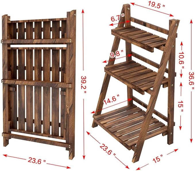 Yaheetech Folding Plant Stand Wooden Foldable Plant Shelf 3-Tier Flower Pot Stand Plants Display Shelf Rack Ladder Garden Indoors Outdoors 23.6 x 15 x 36.6in