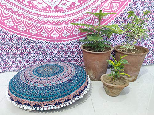 CRAFT KALA Mandala Floor Pillow Cushion Cover Seating Throw Cover Hippie Decorative Bohemian Ottoman Poufs Pom Pom Pillow Cases Boho Indian Cotton Living Room Home Décor 24" Round Elephant Moor Joda - color: Elephant Moor Joda, size: 24" x 24" (Pack of 1)