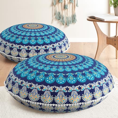 Codi Meditation Floor Pillow Set of 2, Round Large Pillows Seating for Adults, Bohemian Mandala Circle Cushion for Outdoor Fireplace Yoga Living Room, 32 Inch, Memory Foam Added, Navy - color: Round | Navy, size: 2 Count (Pack of 1)