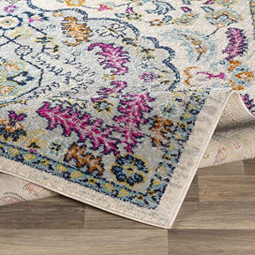 Hauteloom Errol Living Room, Bedroom Area Rug - Medallion Floral Border Distressed Damask - Traditional Oriental Turkish Boho Transitional - Pink, Aqua, Light Slate, Cream, Teal - 5'3" x 7'3" - color: Pink, Aqua, Light Slate / Errol, size: 5'3" x 7'3" (Re