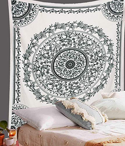 ANJANIYA Floral Mandala Wall Hanging Indian Tapestry for Dorm, Hippy & Bohemian Decor (Grey White, 54"X60") - color: Grey White, size: 60"L x 54"W