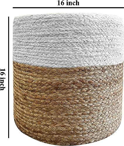 Jute Pouf Ottoman | Footrest Pouf | Hand Braided - Round Boho Pouffe - for Living Room, Bedroom, Nursery (16"x16"x16") Brown - color: Ivory, size: 16"D x 16"W x 16"H