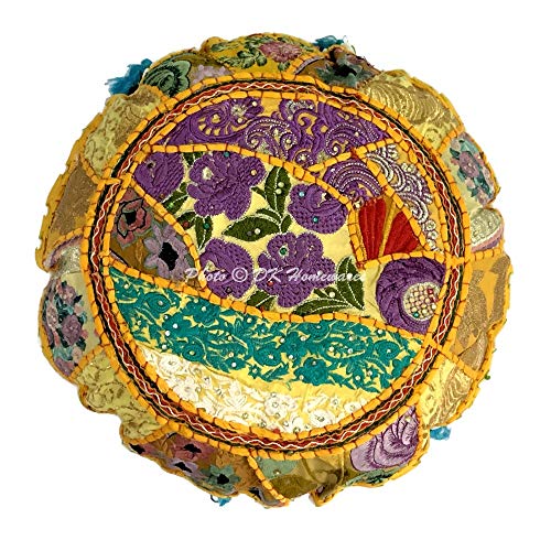 Round Ethnic Bohemian Floor Cushions for Kids Mango Yellow 18 Inch Patchwork Lounger Ottoman Stool Home Decor Embroidered Vintage Cotton Indian Floor Pillow Bed 18x18