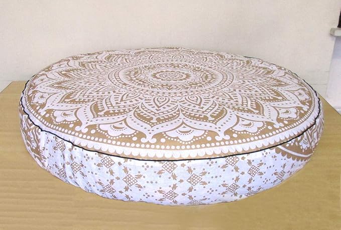 ICC Large Hippie Mandala Round Floor Pillow Cover Ottoman Pouf Cover Daybed Oversized Cotton Cushion Cover with Heavy Duty Zipper Seating Ottoman Poufs Dog-Pets Bed (White Gold Ombre, 35" Round)