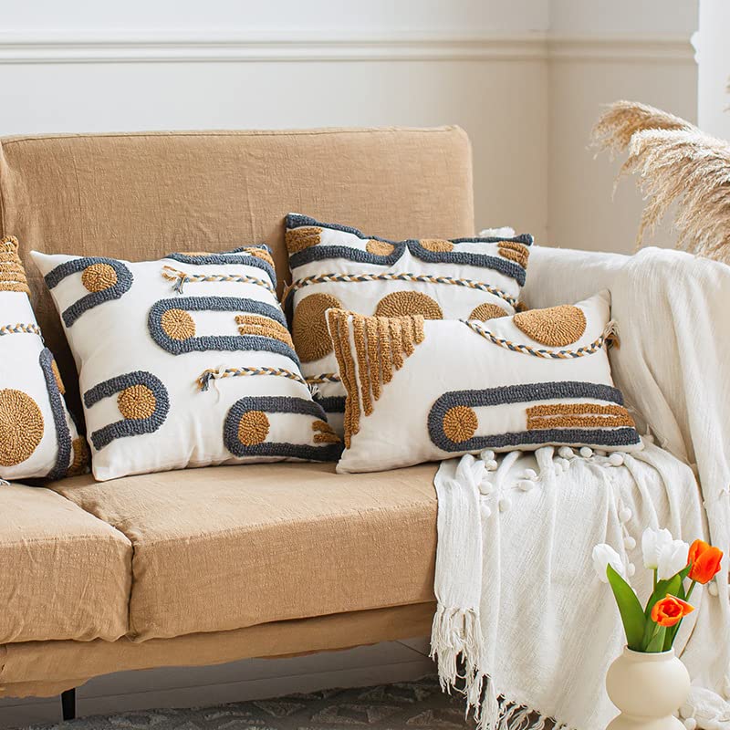 Boho Tufted Throw Pillow Covers Braided Pillow Covers Farmhouse Pillow Covers with Embroidered Geometric Pattern Decorative for Couch Bed Living Room Outdoor (18"x18"Tufted-A)