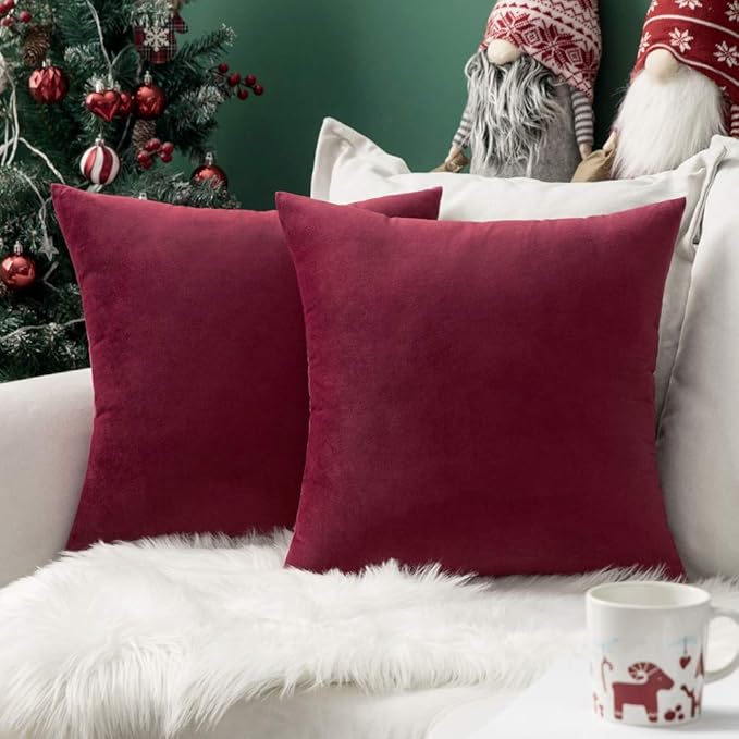 MIULEE 24x24 Inch Euro Sham Velvet Pillow Covers, Set of 2 Large Square Decorative Pillows -Wine Red Super Soft for King Bed, Sofa, Couch, Accent Chairs