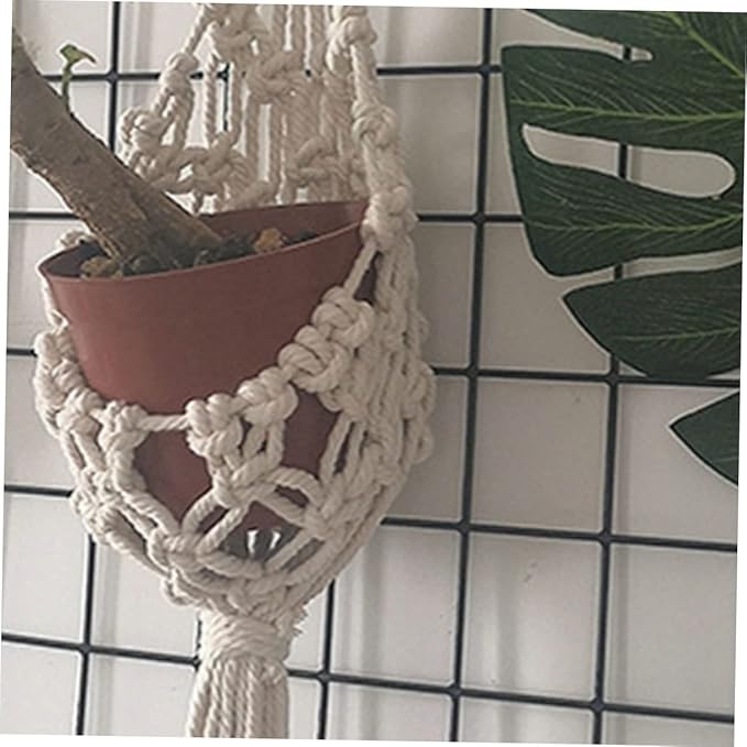 Handmade Cotton Rope Hanging Planter Bohemian Style Indoor Wall Decor for Succulents and Flower Pots Woven Sling Basket for Balcony and Office