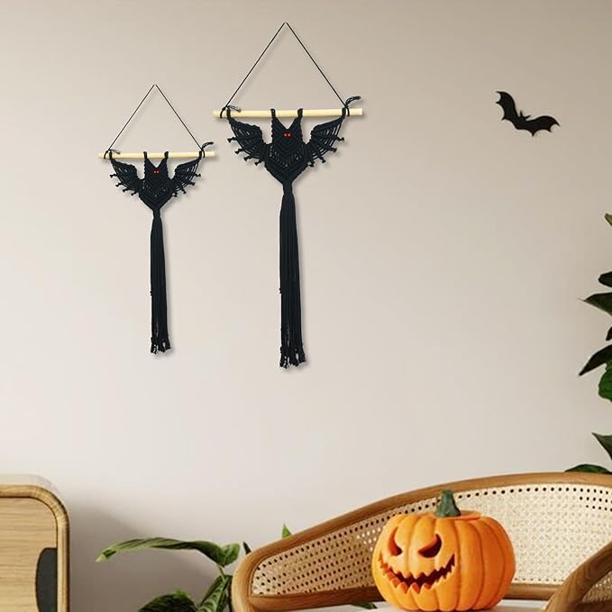 HVEST 2PCS Black Halloween Bat Macrame Wall Hanging Boho Decor Scary Black Bat, Gothic Handmade Woven Tapestry for Bedroom Spooky Halloween Decorations Macrame Wall Art for Living Room