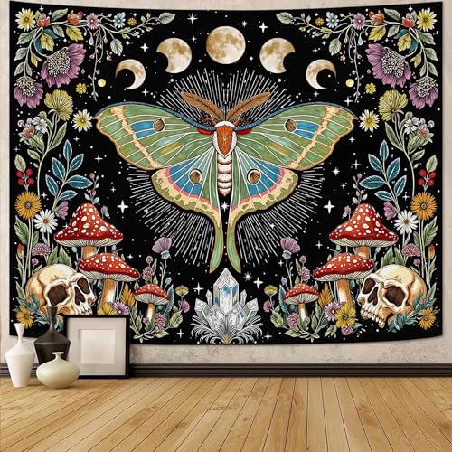 Accnicc Moth Tapestry Boho Mushroom Hippie Skull Wall Tapestry for Bedroom Aesthetic Vintage Floral Plant Moon Phase Large Tapestries Wall Hanging for Dorm Living Room Decor 80 x 60 Inch - color: Green Black, size: 80"L x 60"W