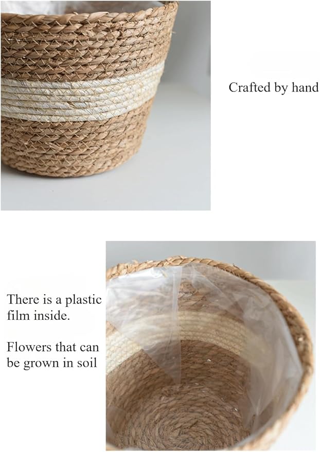 Water Hyacinth & Corn Stalk Woven Plant Basket with Plastic Liner Indoor Rustic Planter Basket for Home Floor Potted Plants Decorative Flower Pot Holder(7.09inch)