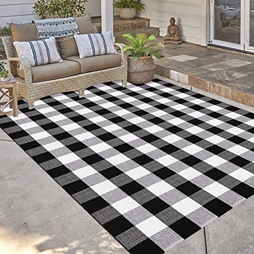 Bottalive Buffalo Plaid Outdoor Rugs, 5'x7' Black and White Checkered Area Rug, Washable Cotton Woven Indoor/Outdoor Rug for Farmhouse/Patio/Front Porch/Living Room/Laundry Room/Bedroom Décor - color: Black and White Plaid, size: 5' x 7' (Rectangular)