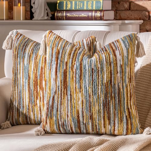 AmHoo Boho Throw Pillow Covers Set of 2 Decorative Bohemian Woven Tufted Striped Farmhouse with Tassels Textured Cushion Case Pillowcase Neutral for Sofa Couch Bed 18 x 18-Inch Brown - color: Brown, size: 18" x 18" (Pack of 2)