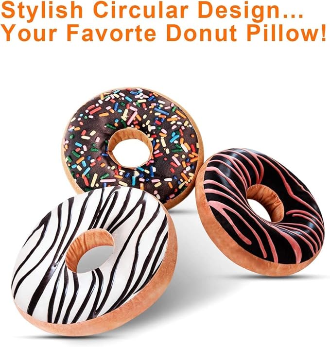 HYSEAS Round Throw Pillow 14 Inch Chocolate Pink Donut, 3D Digital Print Decorative Comfortable Soft Plush Funny Food Shaped Pillow Light Weight Seat Pad Cushion for Couch, Chair, Floor, Sofa