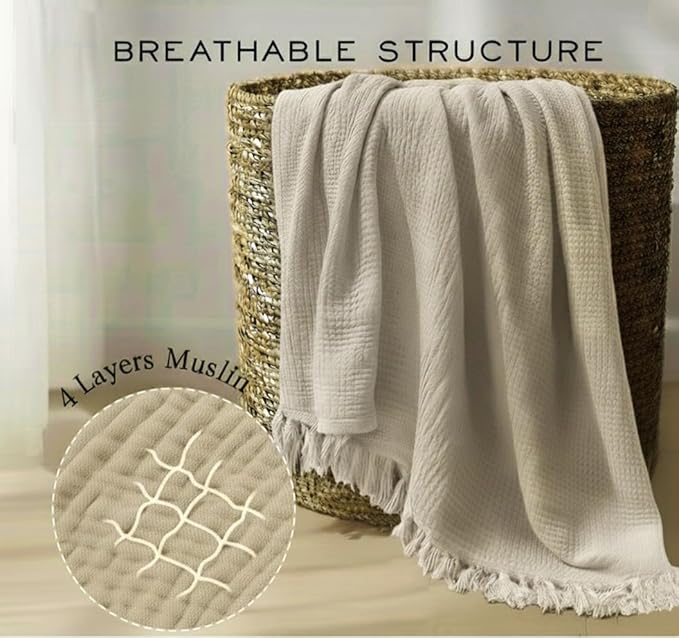 KyraHome 100% Organic Cotton Muslin Blankets for Adults, Kids, Large 60“x80 Plant Dyed Breathable Lightweight Gauze Soft Cotton Throw Blanket for Couch, All Season, Oatmeal Khaki