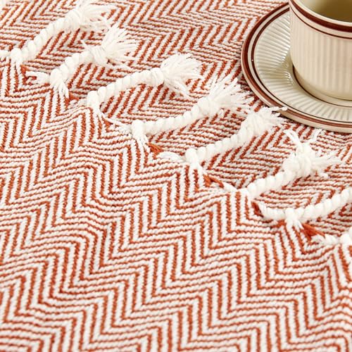 Herringbone Knitted Two Tone Throw Blankets with Braided Tassel Fringe, Boho Farmhouse Lightweight Turkish Throw Blanket for Couch Bed Sofa, Picnic, Yoga, Outdoor Blanket, 50 x 60 Inch, Rust Orange - color: Rust Orange