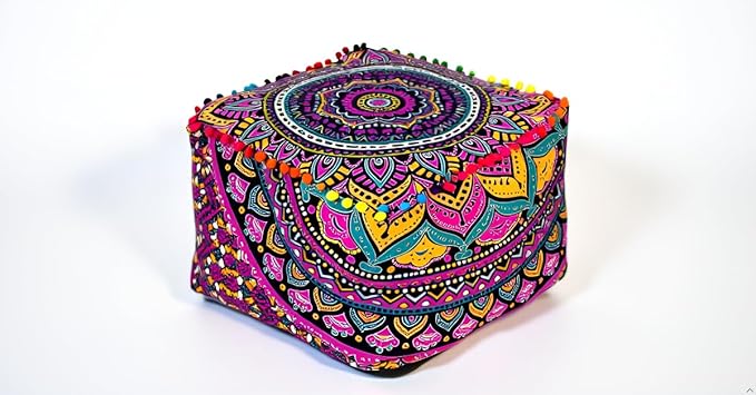 CRAFT KALA Large Hippie Mandala Meditation Floor Ottoman Pillow Cushion Pouf Cover Square Poufs Cover Bohemian Floor Cushion Cover Outdoor Fireplace Living Room Decor 16X16X14 inches, New Pink Ombre