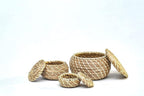 Set of 3 Round Handmade Seagrass Woven Basket with Lid – Handwoven Natural Box Storage for Accessories, Candy, Home Decor, Plant Pot, Vintage Jar Bathroom Kitchen - Elegant Design Bin (Style 4)
