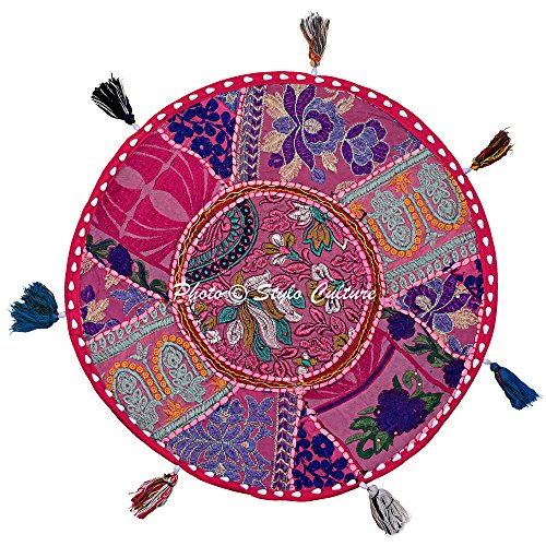 Indian Round Throw Pillows for Bed Vintage Patchwork Floor Cushion Cover Dark Pink Small Throw Pillow Covers 18 x 18 Decorative Decor Tuffet Pouffe Cover Seat Cotton Embroidered 1 Pc - color: Dark Pink