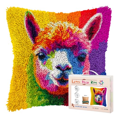 DIY Latch Hook Pillow Kits for Adults Rainbow Alpaca Printed Pillowcase Crochet Yarns Hooking Handmade Pillow Cover Cushion for Home Sofa Decoration 17x17inch-4 - color: 06-Rainbow Alpaca