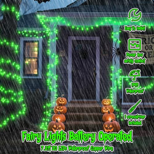 Halloween Green Fairy Lights Battery Operate,7.2ft 20 LEDs String Lights Silver Copper Wire for Hallowen Christmas DIY Decoration Wedding Party (6 Pack) - color: Green