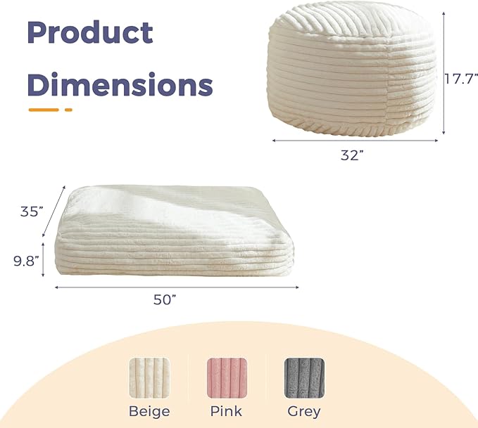 MAXYOYO Kids Bean Bag Chair Bed, Convertible Children Chair to Floor Mattress with Filler, Faux Fur Bean Bag Bed Stuffed Child Sofa Couch for Girl Boy Sleeping, Machine Washable Cover, Beige
