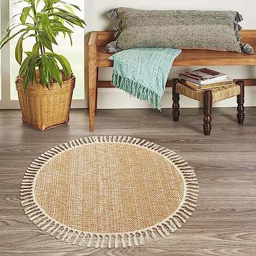 Collive Hand Woven Round Area Rug Soft Cotton Machine Washable Carpet 3ft Farmhouse Rugs with Tassels, Tan/Cream Circle Rugs for Bedroom Living Room Dining Room Table Office - color: Tan/Cream, size: 3' (Round)
