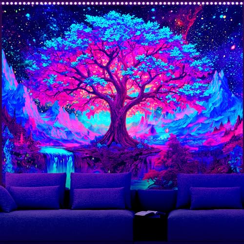 AOHMPT Blacklight Tree of Life Tapestry Trippy Fluorescent Wall Hanging Psychedelic Forest Glow in the Dark Nebula Starry Night Galaxy Tapestries for Bedroom Decor, 79x59 In - color: Tree, size: 79"L x 59"W
