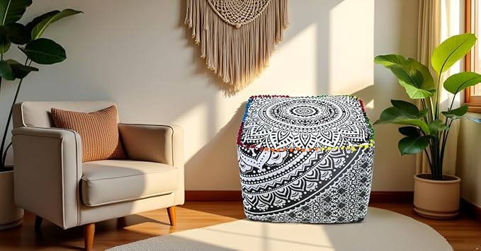 CRAFT KALA Large Hippie Mandala Meditation Floor Ottoman Pillow Cushion Pouf Cover Square Poufs Cover Bohemian Floor Cushion Case Outdoor Fireplace Yoga Living Room Decor 22X22X14 inches, Grey Ombre