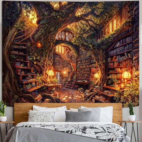 Accnicc Forest Library Tapestry Tree Bookshelf Tapestries Wall Hanging Vintage Fantasy Fairy Treehouse Book Large Tapestry for Bedroom Living Room Dorm Classroom 80 x 60 inch - color: Brown Gold, size: 80"L x 60"W