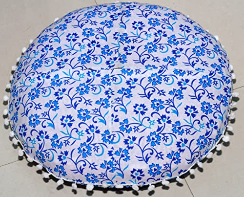 Round Mandala Floor Pillow Cover Seating Cushion Throw Cover Ottoman Pouf Cover Pom Pom Pillow Cases Hippie Decorative Bohemian Boho Indian 22 Inches (Blue White) - color: Blue White