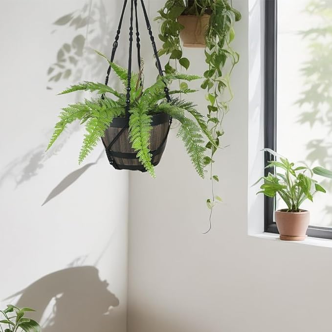 Large Macrame Plant Hanger Black 43 Inch Long for up to 12 Inch Pot No Tassel Cotton Rope Hanging Basket Plant Holder with Heavy Duty Ceiling Hooks