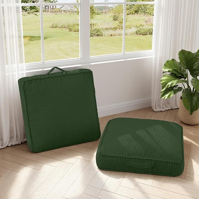 Floor Pillow for Adults Set of 2, 4" Square Floor Cushions with Washable Cover, Large Corduroy Meditation Pillow, 24 inches Tatami Seat with Handle for Living Room or Yoga, Green