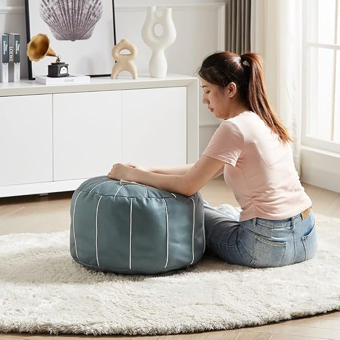Louis Donné 21 Inch UNSTUFFED Moroccan Pouf Ottoman Cover, Handmade Faux Leather Foot Stool, Round Storage Poof Cover, Exotic Décor for Living Room Bedroom or Wedding Gifts ONLY Cover(Blue)
