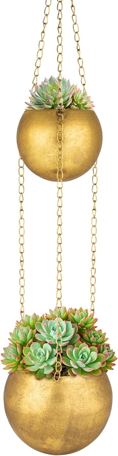 Gold Metal Hanging Planters for Indoor Plants - Round Wall Hanging Baskets with Hook & Chain & Drainage Hole Farmhouse Rustic Garden Rustproof Vintage Flower Pot for Wall Ceiling Plant Hanger Outdoor