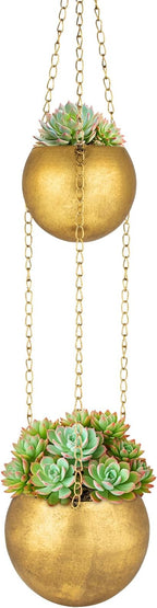 Gold Metal Hanging Planters for Indoor Plants - Round Wall Hanging Baskets with Hook & Chain & Drainage Hole Farmhouse Rustic Garden Rustproof Vintage Flower Pot for Wall Ceiling Plant Hanger Outdoor