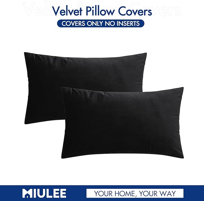 MIULEE Velvet Throw Pillow Covers 12x20 Inch, Pack of 2 - Black, Soft Solid Lumbar Decorative Pillow Covers Modern Luxury Home Decor for Chair Couch Sofa Bedroom Livingroom