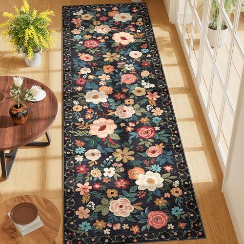 DUKINO Runner Rug, 2x7 Boho Kitchen Rug for Hallways with Low Pile Design, Washable Non Slip Backing Soft Floral Runner for Kitchen, Hallway, Entryway, Bedroom, Laundry, Black - color: Black, size: 2' x 7' (Rectangular)
