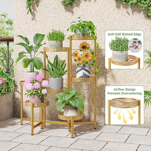 7 Tiered Metal Corner Plant Stand Indoor Outdoor, Tall Large Folding Rack with Rust Proof 10 Inch Wide Tray, Heavy Duty Flower Shelf for Multiple Plants for Patio - GoldWave - color: GoldWave, size: 7-tiers