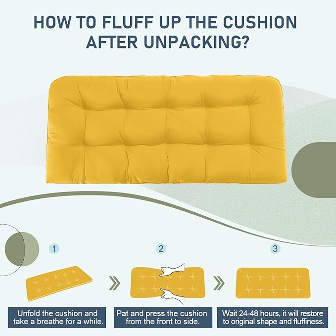 downluxe Outdoor Bench Cushion for Patio Furniture, Water Resistant Tufted Overstuffed Porch Swing Cushions, Thick Outdoor Loveseat Cushions, 44" X 19" X 5", Yellow, Set of 1